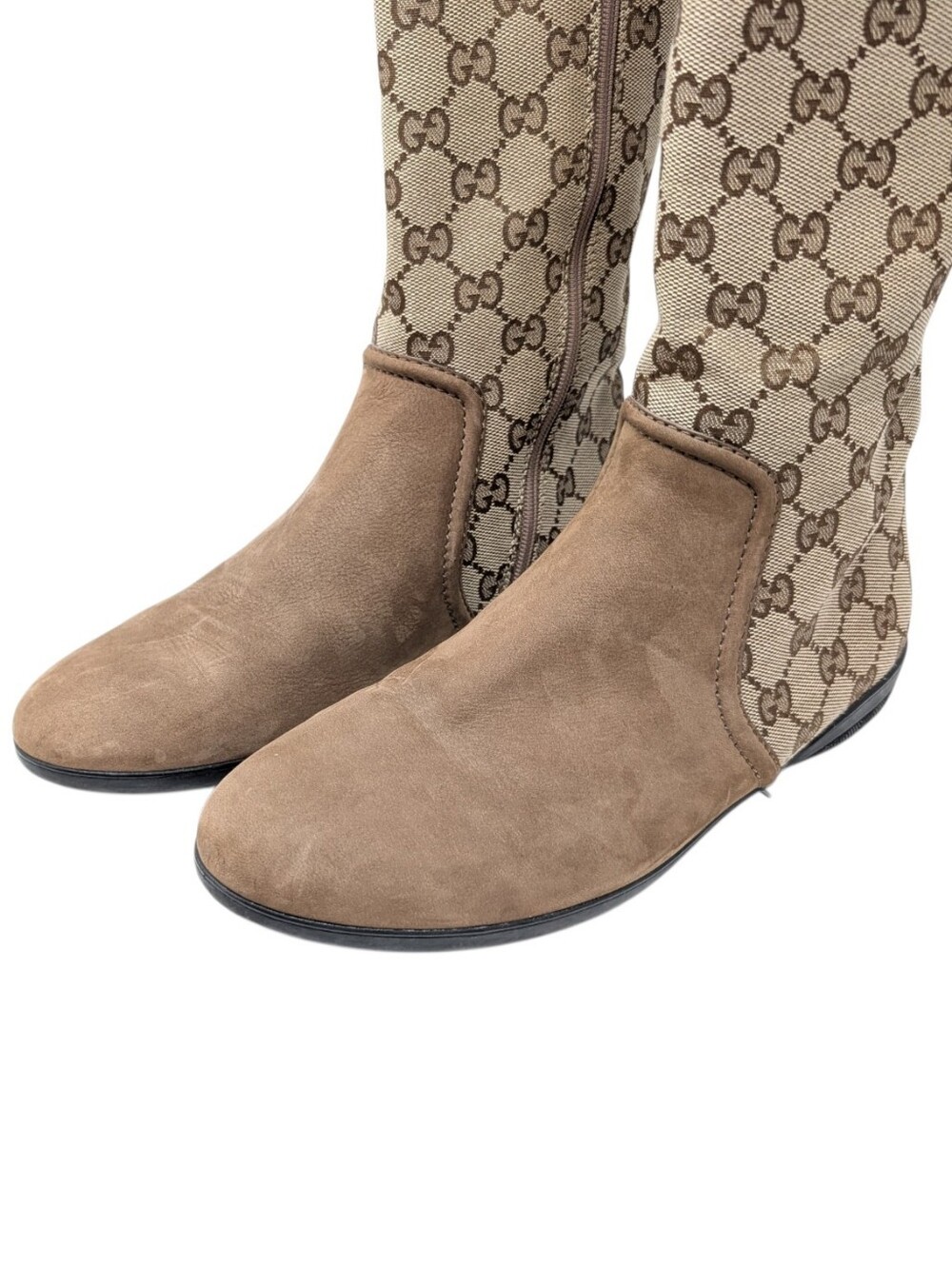 Gucci Monogram Beige Brown Canvas Suede Knee High Flat Riding Boots Size EU 37.5 - Picture 8 of 14
